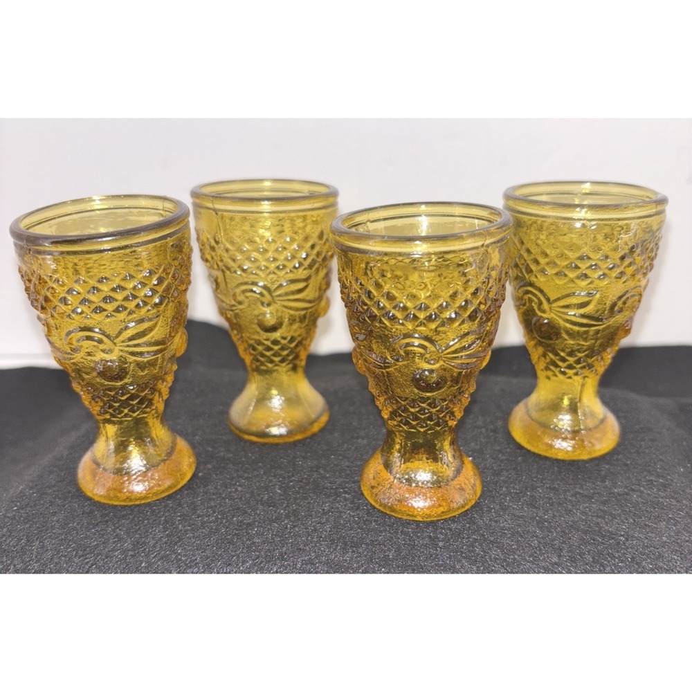 Cordial Glasses Four  Vintage Amber  1970s Taiwan Sandwich Pressed Liquor